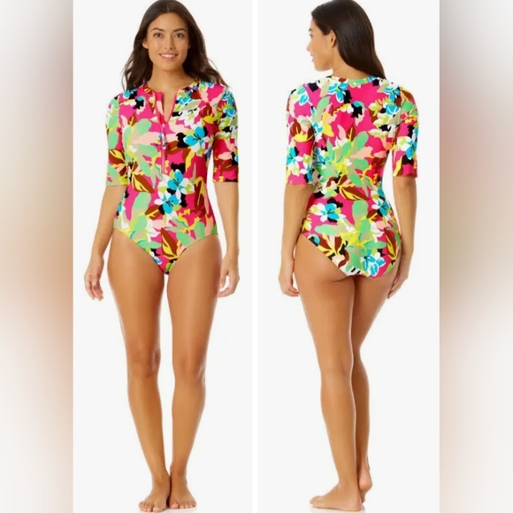 Anne Cole | Women's Half Zip Front Rash Guard One Piece Swimsuit - Picture 2 of 3